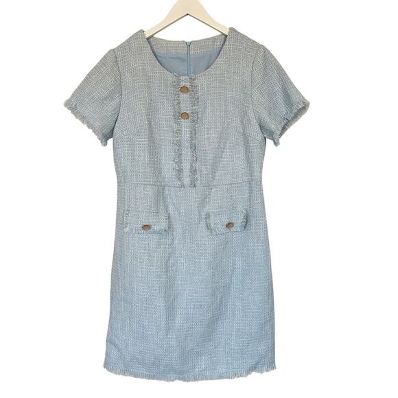 Medium Light Powder Blue Unique Tweed Mini Shift Office Siren Dress Classic Work - Picture 2 of 13